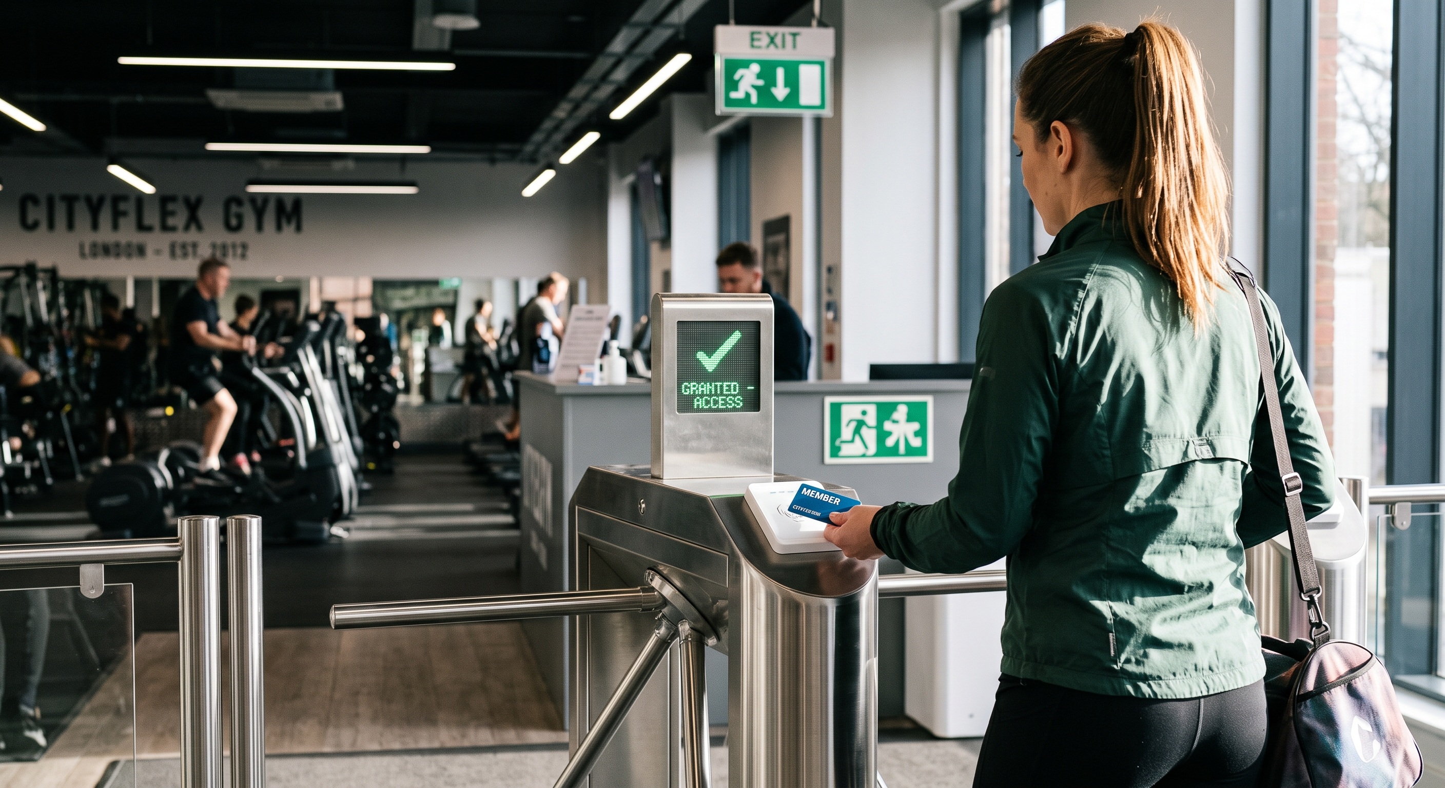 Gym member scanning access pass at UK gym electronic turnstile