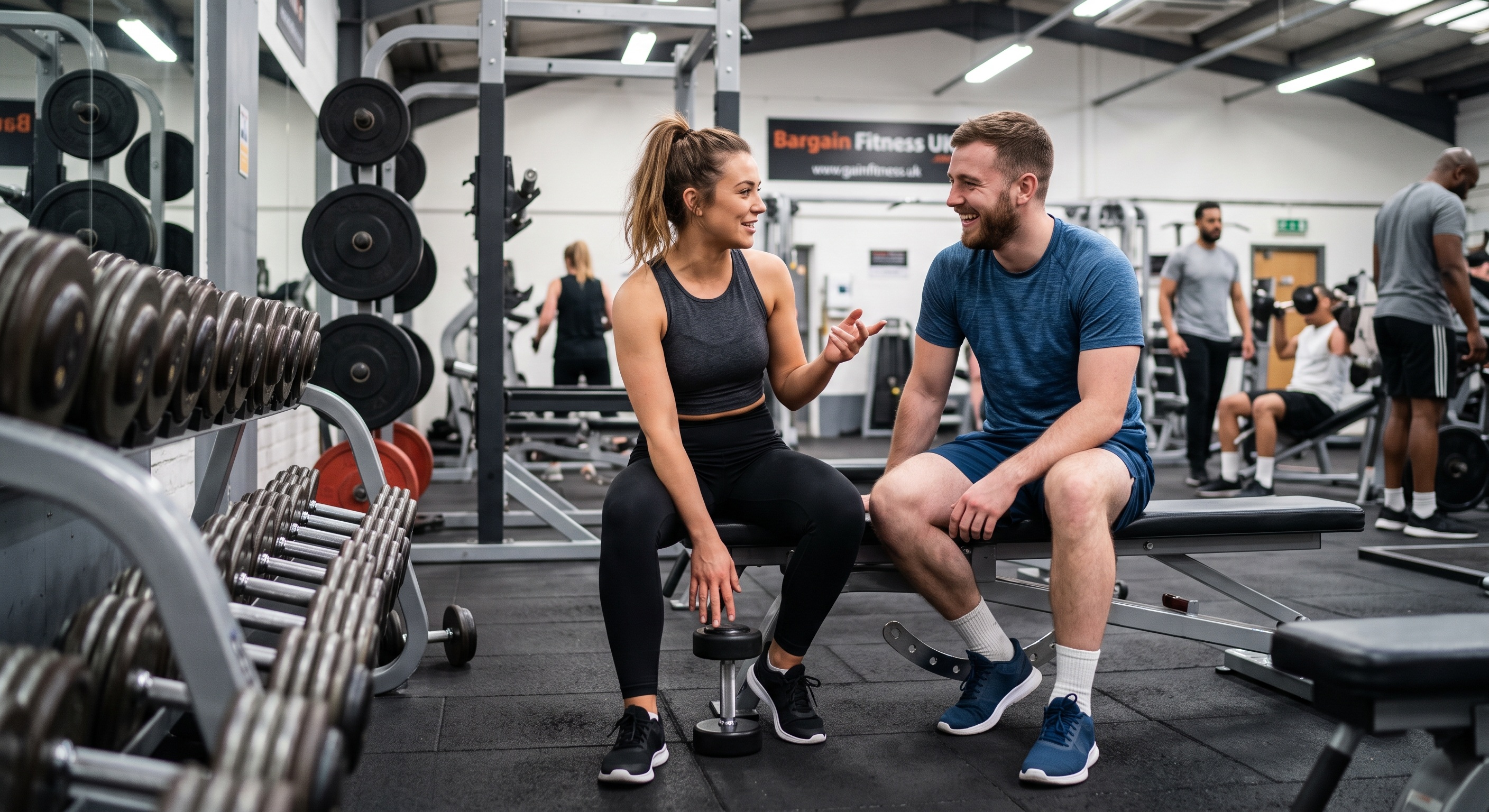 Gym members chatting on workout bench by free weights rack