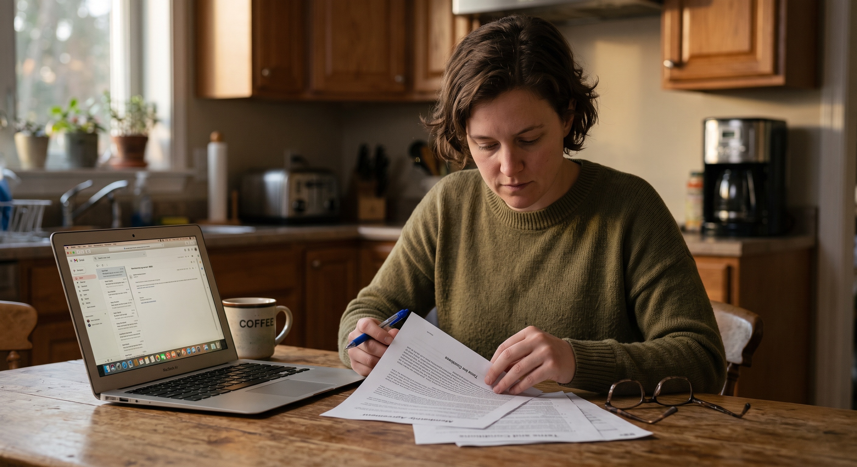 Woman reviewing printed gym membership agreement and contract clauses