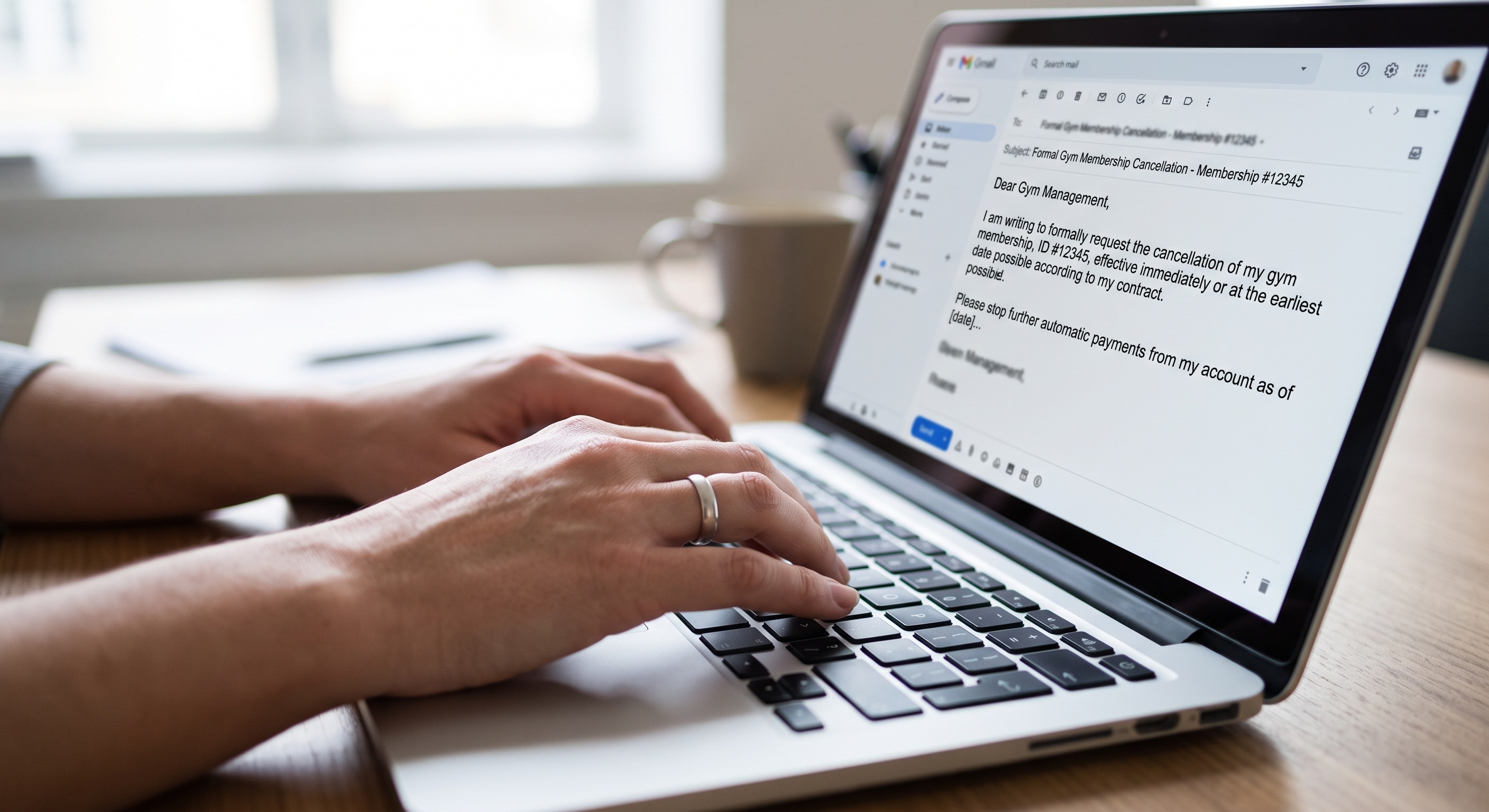 Person typing formal gym membership cancellation email on laptop