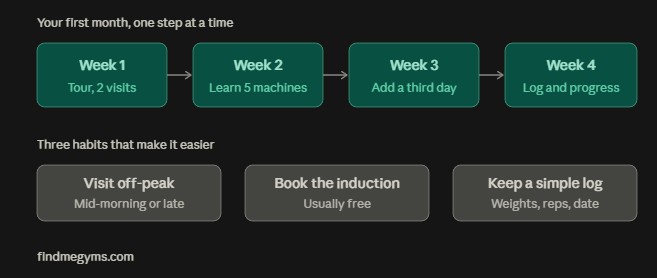 Infographic of beginner first month gym milestones and success habits