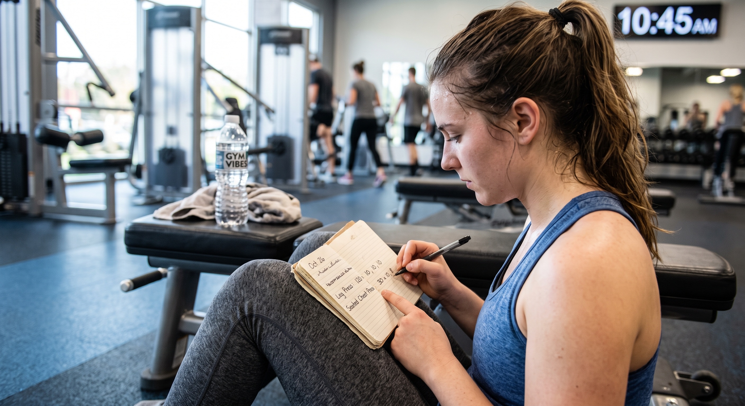 Gym member writing workout log in small notebook while resting on gym bench